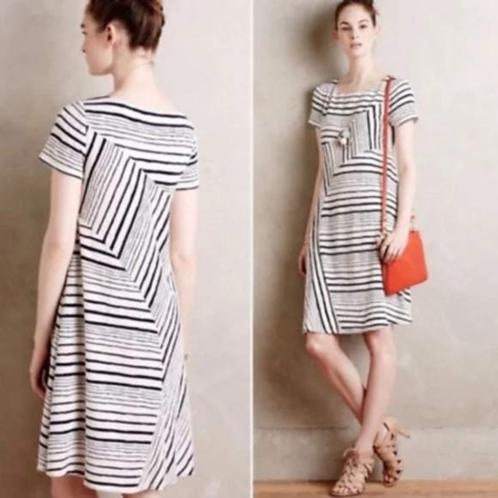Anthropologie Maeve Stripestack White Navy Shift Knit Midi Flowy Dress Size S